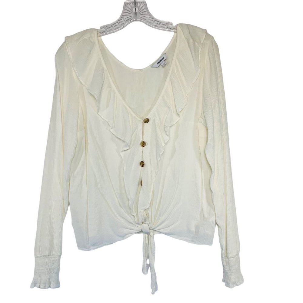 Express Womens Blouse Cream Ruffle Collar Blouse Tie Front Top Casual Crinkle L